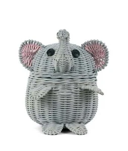 Gray Elephant Rattan Storage Basket Hand Woven Shelf Organizer Cute Gift Wicker - Picture 1 of 6