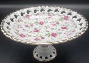 Lefton Rose Chintz Pierced Edge Pedestal Plate 22k Gold Rim 6" X 3-5" Chabbychic - Picture 1 of 5