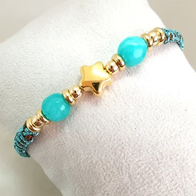 Armband Edelstein Makramee Gold Amazonit 18 Karat vergoldet Karabiner NEU - Bild 1 von 4