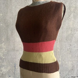 Vintage 1930s Wool Knit Striped Sweater Blouse Pink Brown Yellow Montgomery Ward - Picture 1 of 15