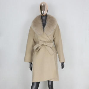 Real Fur Coat Jacket Loose Natural Fur Collar Cashmere Wool Blends Outerwear