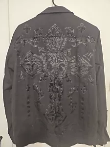RAW STATE Cross Shirt Men Size L BLACK Graphic Velour Print Button Long Sleeve - Picture 1 of 7