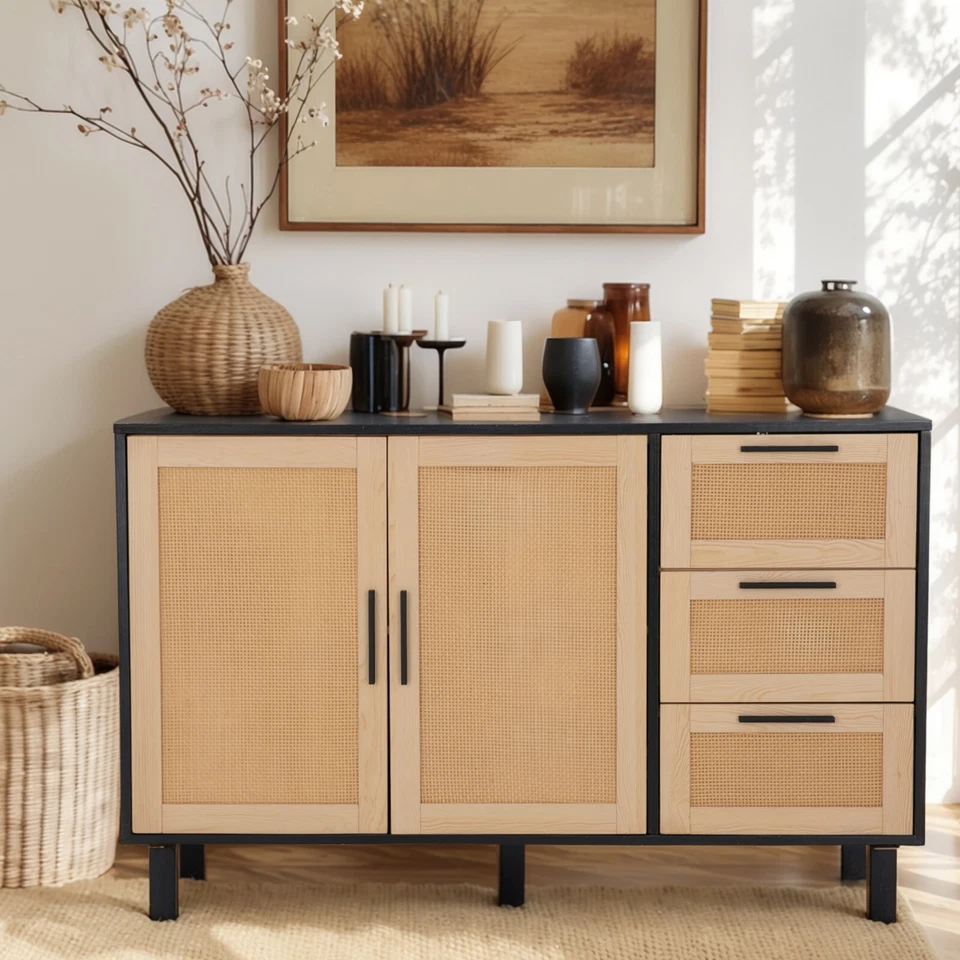 Natural Rattan Storage Cabinet Buffet Sideboard Cabinet with 3 Drawers & Doors - Image 1 of 4