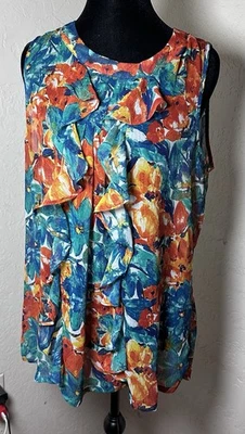 Duro Olowu Top Womens L Floral Hawaiian Print Blouse Ruffle Sheer Sleeveless - Image 1 of 4