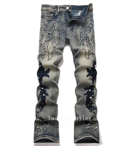 Jeans uomo retrò blu denim perline decorazione gamba dritta punk hip hop moto - Foto 1 di 25