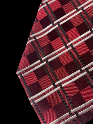 Geoffrey Beene Tie Red White Black Textured Stripe Silk Plaid Check Grid Career - Image 1 of 4