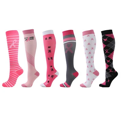 6X Women Pink BREAST CANCER Compression Socks 20-30mmHg Knee High Stockings - Image 1 of 4