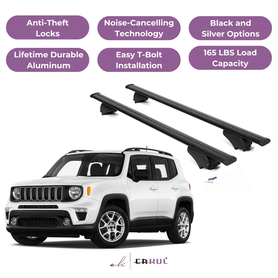 Barras transversales de techo ERKUL para Jeep Renegade 2015-2023 para rieles elevados - negras Foto 1 de 4