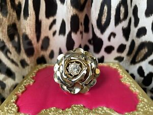 Betsey Johnson Iconic Bow LARGE Gold Rose Flower Stretch Ring FITS SMALL FINGERS