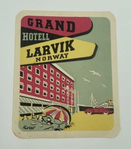 Original Rare Vintage Luggage Label / Sticker Grand Hotel Beach Larvik Norway - Picture 1 of 2