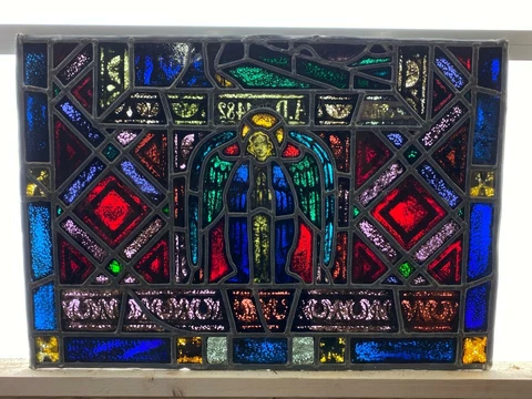 ANTIQUE GERMAN STAINED GLASS CHURCH ANGEL WINDOW FROM A CLOSED CHURCH - Q16 Cover