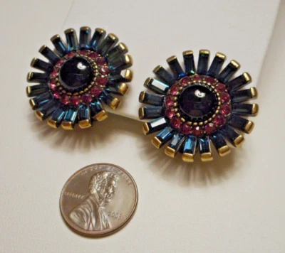 Heidi Daus Clip Earrings - Cabochon w Sapphire Blue Rhinestone Baguette Halo - Image 1 of 4