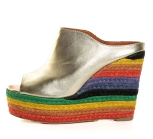 N.Y.L.A Cobain Gold Rainbow Espadrille Mule Wedges Size 7.5 - Picture 1 of 9