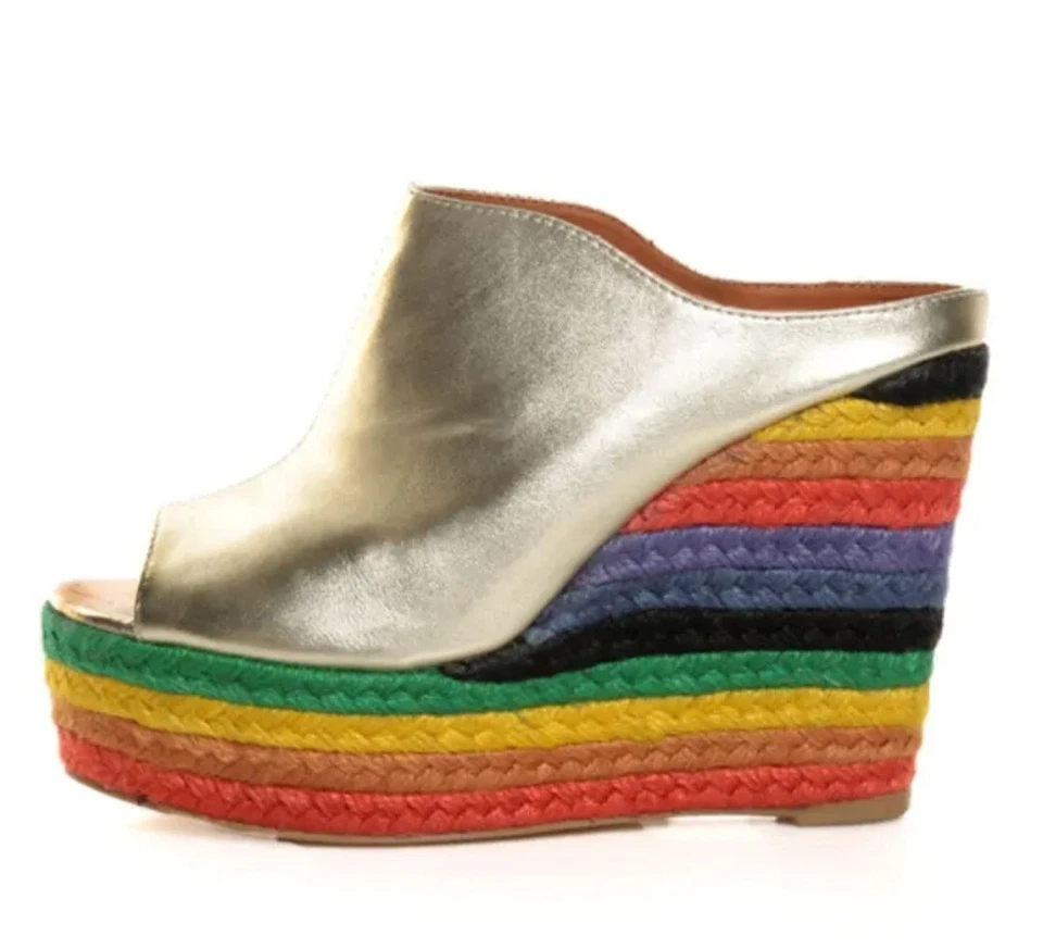N.Y.L.A Cobain Gold Rainbow Espadrille Mule Wedges Size 7.5 - Image 1 of 4