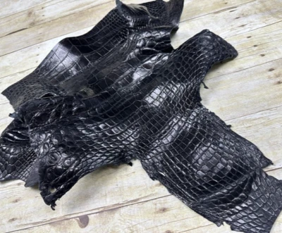 XXL Black Alligator Hide Distressed Leather Skin Piece Scrap Gator Croc Belly 53 - Image 1 of 4