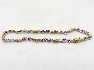 10k TWO-TONE GOLD HEART TENNIS BRACELET w LAB CREATED RUBIES & NATURAL DIAMONDS* - Picture 1 of 11