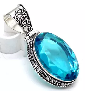 Swiss Blue Topaz Gemstone Vintage Pendant 925 Sterling Silver Jewelry Size-2 - Picture 1 of 2
