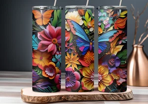 20 oz Tumbler, 3D artistic flowers with a butterfly design, Multicolor - Picture 1 of 2