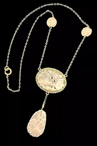 Antique Art Deco Chinese Export Carved Pink Rose Quartz Lavalier Necklace - Picture 1 of 17