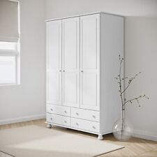 Wardrobe 3 Door 4 Drawer White Wooden with Bun Feet Classic Style
