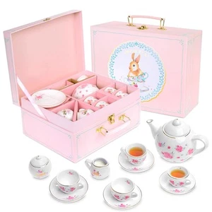 Porcelain Tea Set for Little Girls with Pink Picnic Basket - 13 Pieces Mini T... - Picture 1 of 7