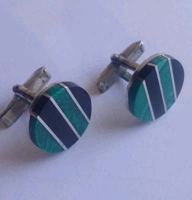 Винтажные мексиканские круглые запонки из чистого серебра с надписью малахит и оникс - Изображение 1 из 4