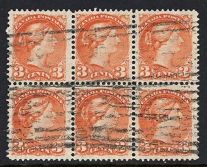 CANADA 41 Used 3c vermilion Small Queen BLOCK OF 6 - Picture 1 of 1