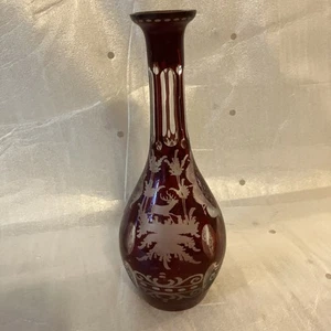 Vintage Ruby Red Cut To Clear Bohemian Glass Bottle Stag Design 9” - Picture 1 of 6