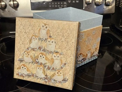 Elegant Storage Box Blue, Yellow, Silver Filigree Owl Print 9"x9"x5" - Image 1 of 4