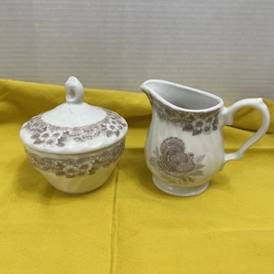 QUEEN'S MYOTT FACTORY BROWN THANKSGIVING SUGAR BOWL & CREAMER TURKEY - Picture 1 of 9