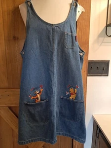 VTG Disney Winnie The Pooh Women's Jumper Overall Denim Dress Size Xl Midi - Picture 1 of 6