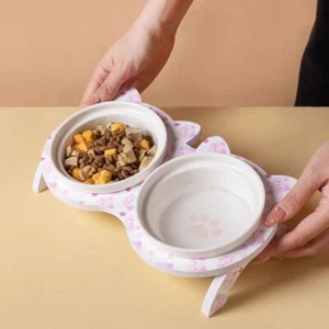 Double Bowl Ceramic Cat Bowl with Stand Non-slip Cat Feeding Dish Kitty - Picture 1 of 17