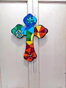 LARGE MOSAIC CROSS WALL PLAQUE - 28cm x 37cm - Picture 1 of 12