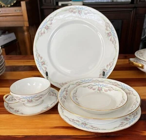 Wm Guerin & Co Limoges France China Set 66 pc. Blue Ribbon and Roses Design - Picture 1 of 16