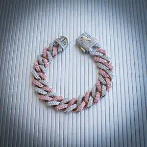 Bracciale Maglia Cubana Bicolore Rosa/Oro Bianco 18k Bicolore Rosa/Bianco Solido Ghiacciato 12mm - Foto 1 di 3