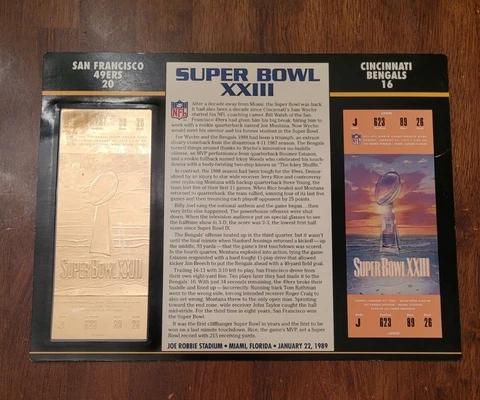 Official NFL Super Bowl 23 24KT Game Ticket Stat Panel by Willabee & Ward 49ers Cover