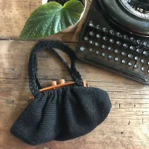 Borsa vintage nera all'uncinetto con lucchetto a bacio e manici intrecciati - Foto 1 di 5