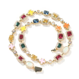 Hip Hop Cross Tennis Chain Necklaces Bracelet Colored Gemstone Men Women Jewelry - Picture 1 of 19
