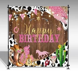 Western Cowboy Happy Birthday Backdrop Brown Wood for Girls Pink Birthday Par... - Picture 1 of 4