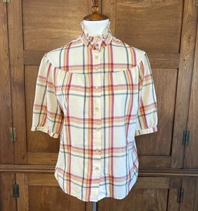 Vtg Cottage Core 70s 80s Prairie Plaid Button Down High Neck Shirt Blouse Large - Picture 1 of 5