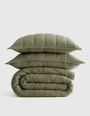 NUEVO CON ETIQUETAS SET DE EDREDÓN CAJA GASA AIREADA ORGÁNICA QUINCE COMPLETO/QUEEN OLIVA 100% ALGODÓN $160 Foto 1 de 4