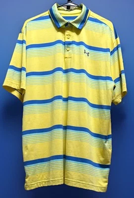 Under Armour Men's Loose Fit Golf Polo Yellow W/Blue Stripes & UA Logo Size: XL - Image 1 of 4
