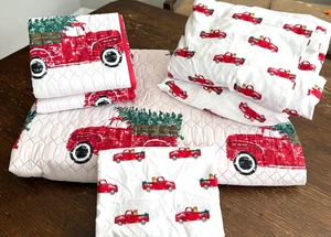 Modern Southern Home Red Truck Dog Puppy Tree 5 Pc Comforter Sheet Set Twin - Picture 1 of 6