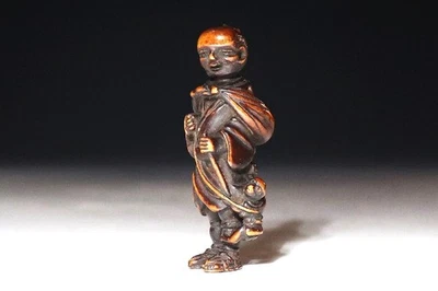 Japan Antique Netsuke comedian monkey wooden inro ojime sagemono rare Edo era - Image 1 of 4