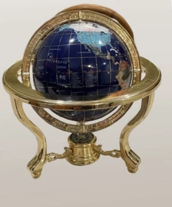 Gemstone Brass World Globe Stone 14" Tripod Gold Stand Compass Blue Quartz Lapis - Picture 1 of 8
