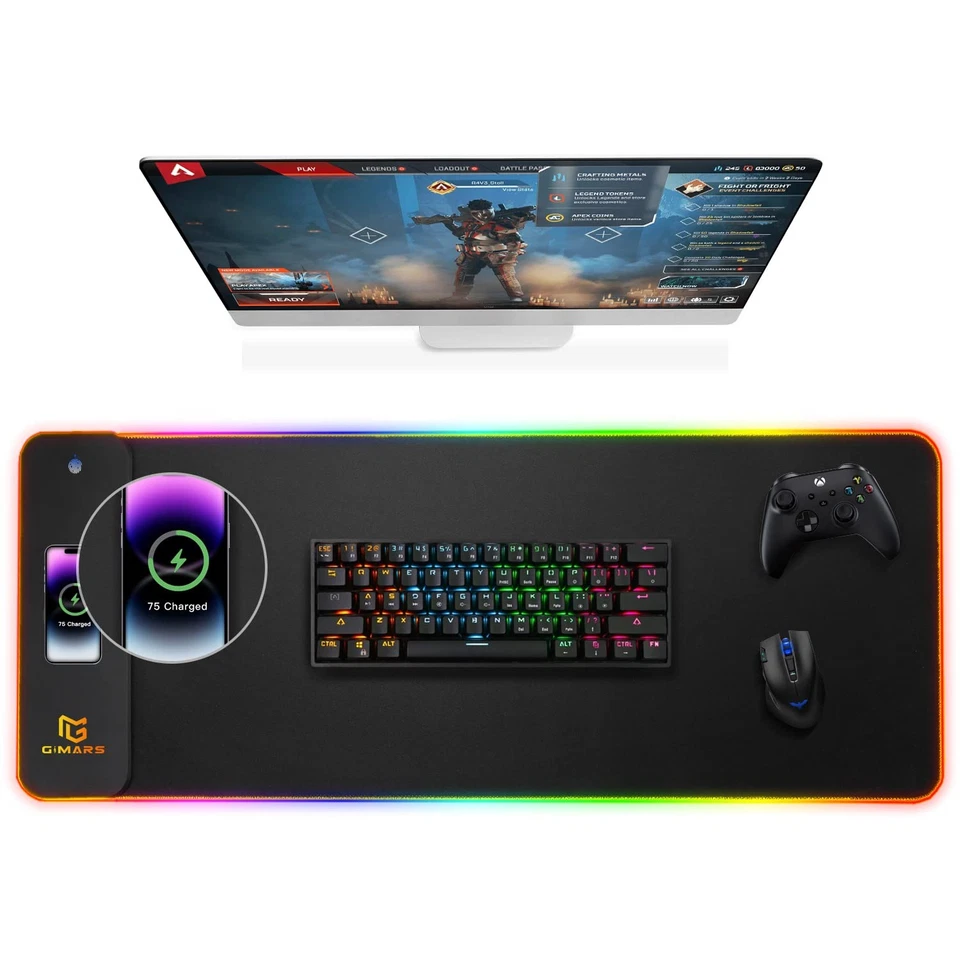 Gimars Tappetino Mouse Gaming RGB con Ricarica Wireless da 15W 800x300x4mm - Ta