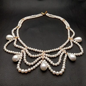 2 Strands 18'' White Pearl White Teardrop Sea Shell Pearl Necklace - Picture 1 of 8