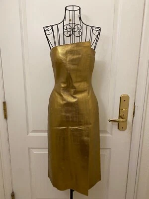 Nuevo sin etiquetas Vestido BCBG MAXAZRIA Dorado Sin Tirantes Hasta la Rodilla 100% Cuero Talla 2 Foto 1 de 4