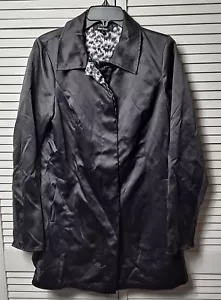 Dennis Basso Womens Sz S Black Satin Coat Button-up A-line Animal Print Lined - Picture 1 of 4