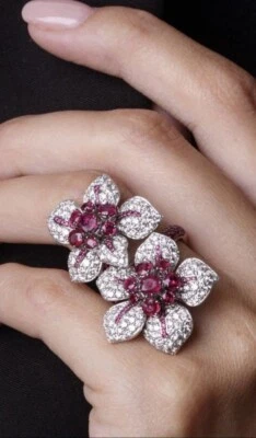 Amazing Two Flower Design Luxury Ring With Round Simulated Red Ruby & Sapphire - Image 1 of 4